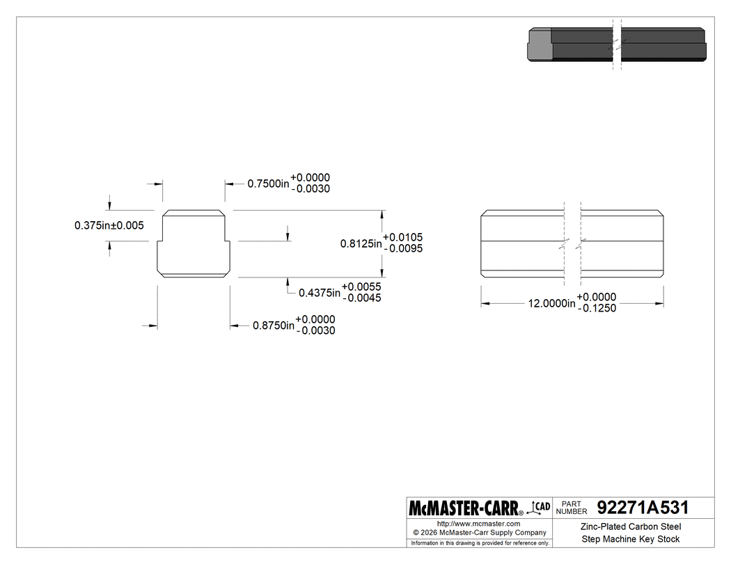 Technical Drawing of Zinc-Plated Carbon Steel Step Machine Key Stock, for Shafts, 7/8" Wide x 7/16" High Shaft Keyway, Undersized.